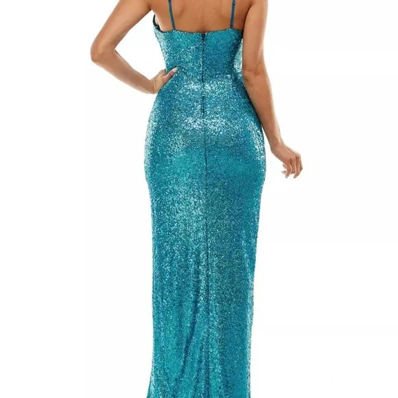 NWT Juniors' Sequined High-Slit long dress Gown teal for prom or hoco, X… - Picture 2 of 3